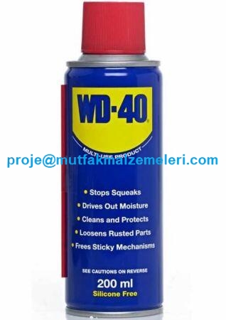 Wd-40:Sanayi tipi kimyasal ürünlerinden bu wd-40, paslanmış vida, hareketli metal eklerinde, kapı menteşelerinde, yağsız makine dişlilerinde,metal mafsallarda kullanılarak bu alanda oluşmuş pasların sökülmesi ve sıklıdığı yeri paslanmaya karşı koruması a